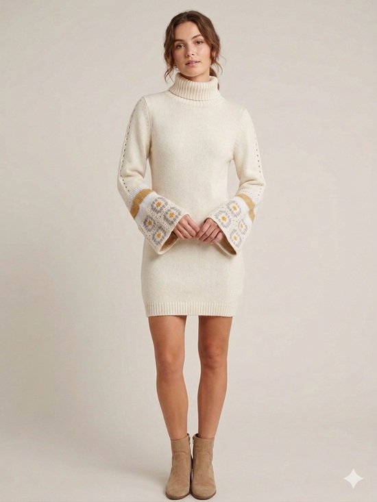 Dresses & Skirts - Boho Retro Cottagecore Cream Turtleneck Sweater Dress Bell Sleeve